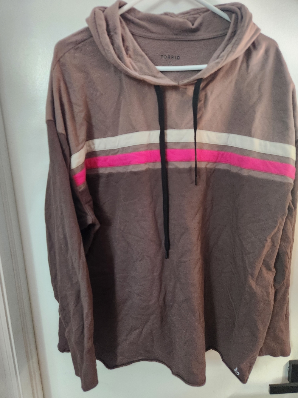 Torrid Taupe Hoodie with Pink & White Stripe